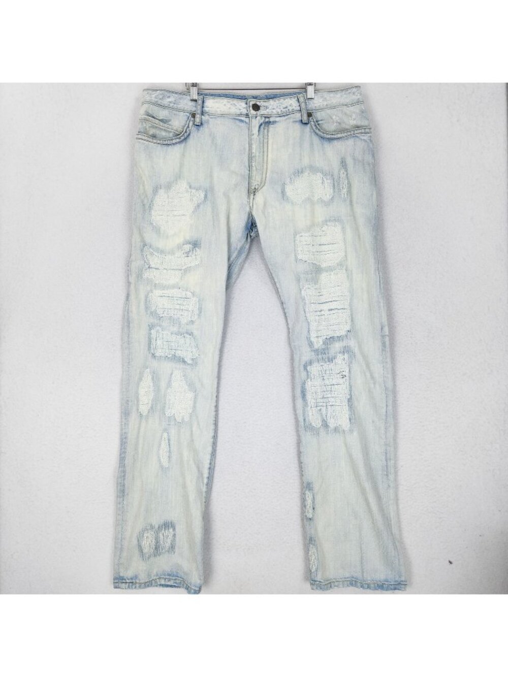 Robins Jean Mens 42x35 Blue Light Wash Distressed Patched Straight Leg USA